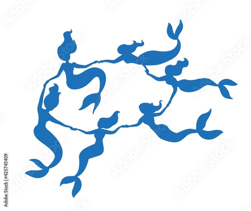 Mermaid fairy silhouette swimming in round