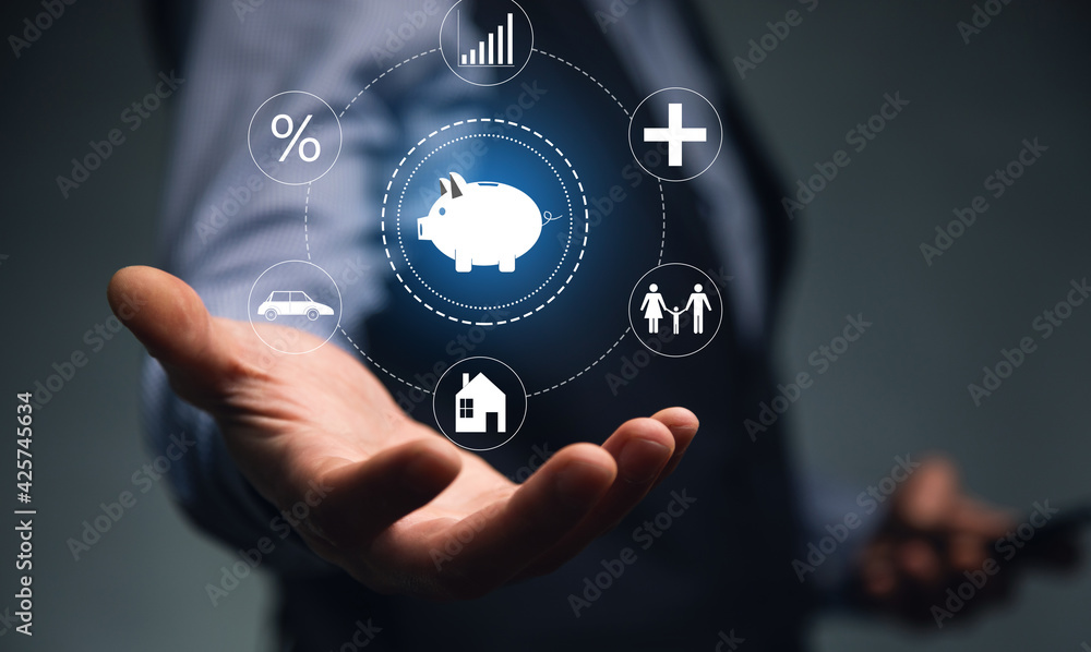 man holding phone with piggy bank icon man holding phone with piggy bank icon