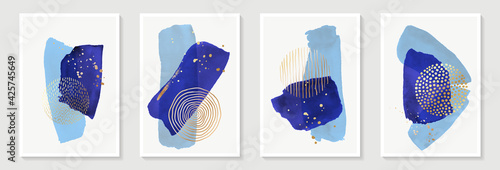 Creative minimalist hand painted Abstract art background with blue watercolor stain and Hand Drawn doodle golden color Scribble Circle. Design for wall decoration, postcard, poster or brochure.