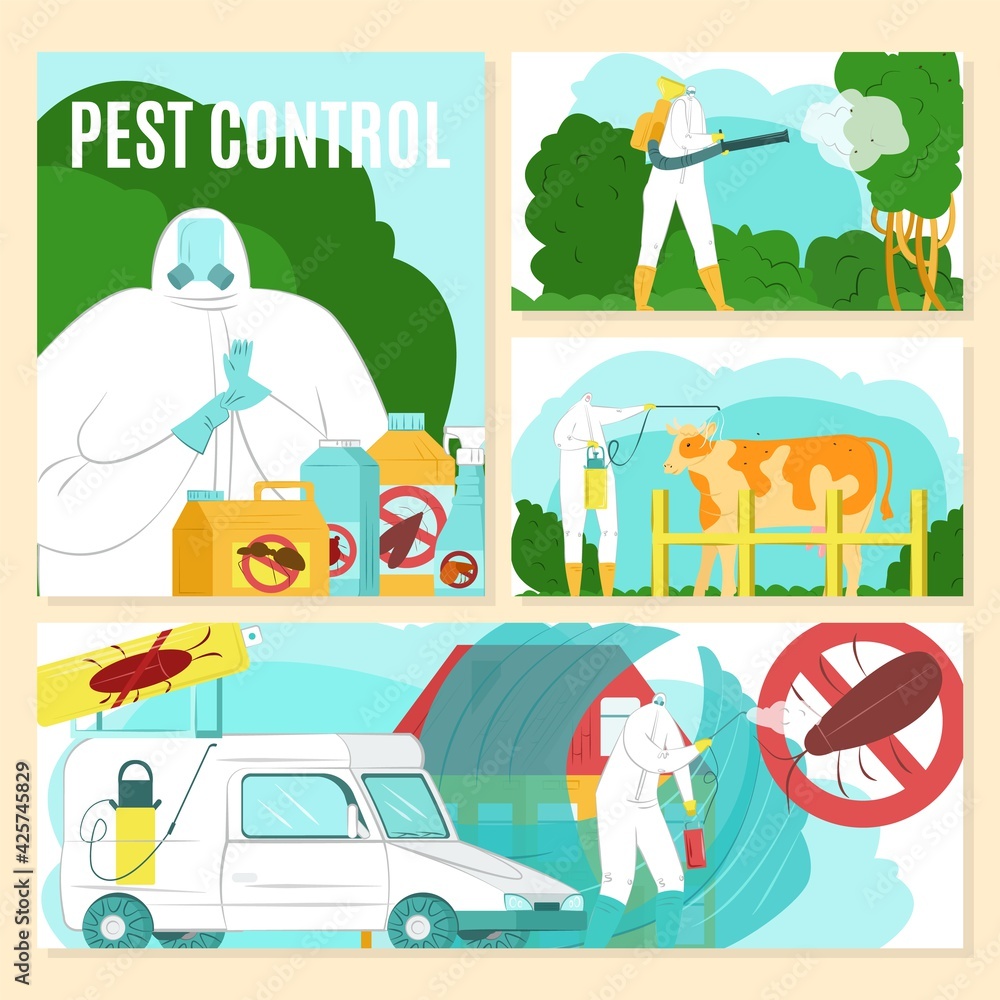 Pest control with spray equipment, vector illustration. Chemical protection from cartoon insect, safety service by toxic prevention, banner set.