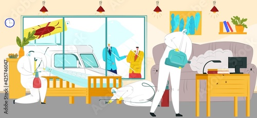 Pest control at home, chemical protection service, vector illustration. Man character in mask spray insecticide in house, professional job