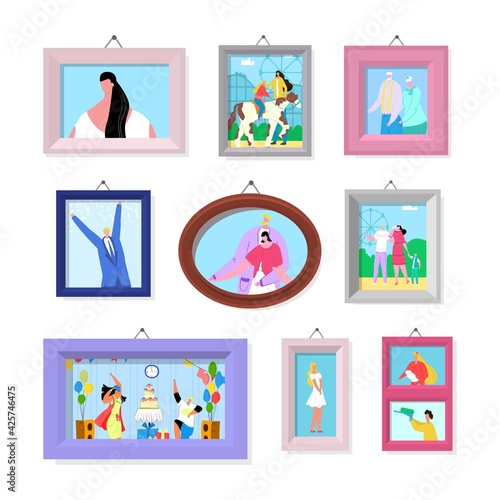 Photo picture in frame set, vector illustration. Family people character port...