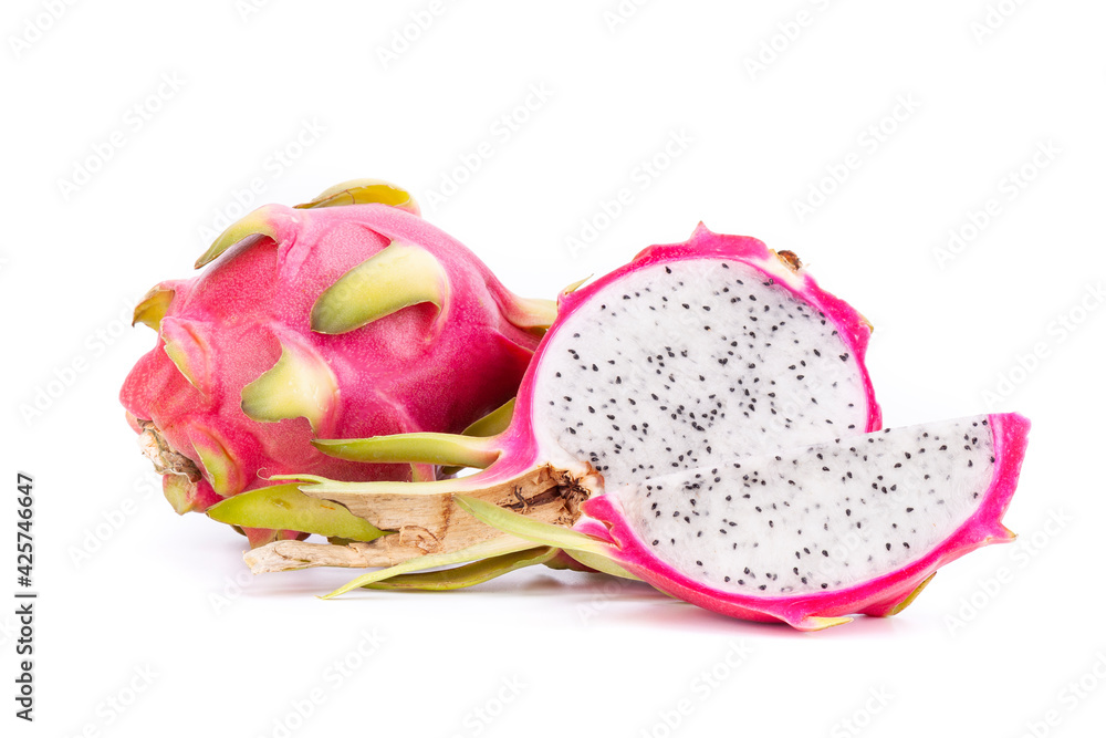 one half, quarter and one whole dragon fruit pitaya, on white background, isolated one half, quarter and one whole dragon fruit pitaya, on white background, isolated