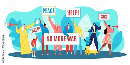 Protest for peace, demonstration against war, vector illustration. Man woman people character hold cartoon banner, crowd riot for international freedom.