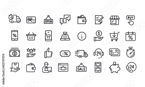 Online Shopping - thin linear vector icon set
