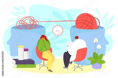 Psychologist work with patient head, mind concept, vector illustration. Woman person character with psychology problem at doctor appointment.