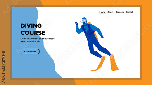 Diving Course School Educate Young Diver Vector. Man Wearing Professional Costume And Accessories Exercising Underwater On Diving Course. Character Education Web Flat Cartoon Illustration