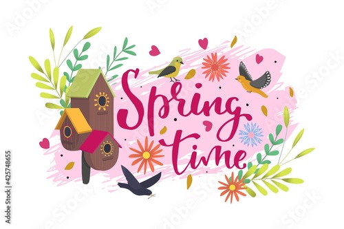 Spring time banner, vector illustration. Poster with lettering text design, g...