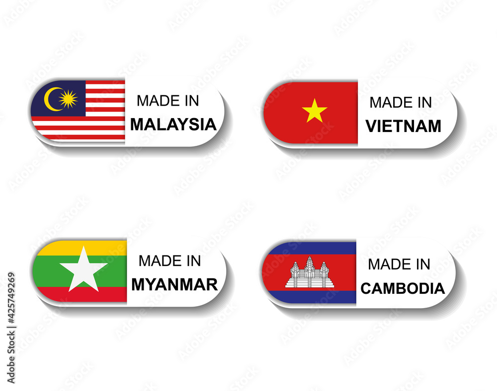 Set Sticker made in Malaysia, Myanmar, Vietnam, Cambodia. Simple icon with a flag on white background Set Sticker made in Malaysia, Myanmar, Vietnam, Cambodia. Simple icon with a flag on white background