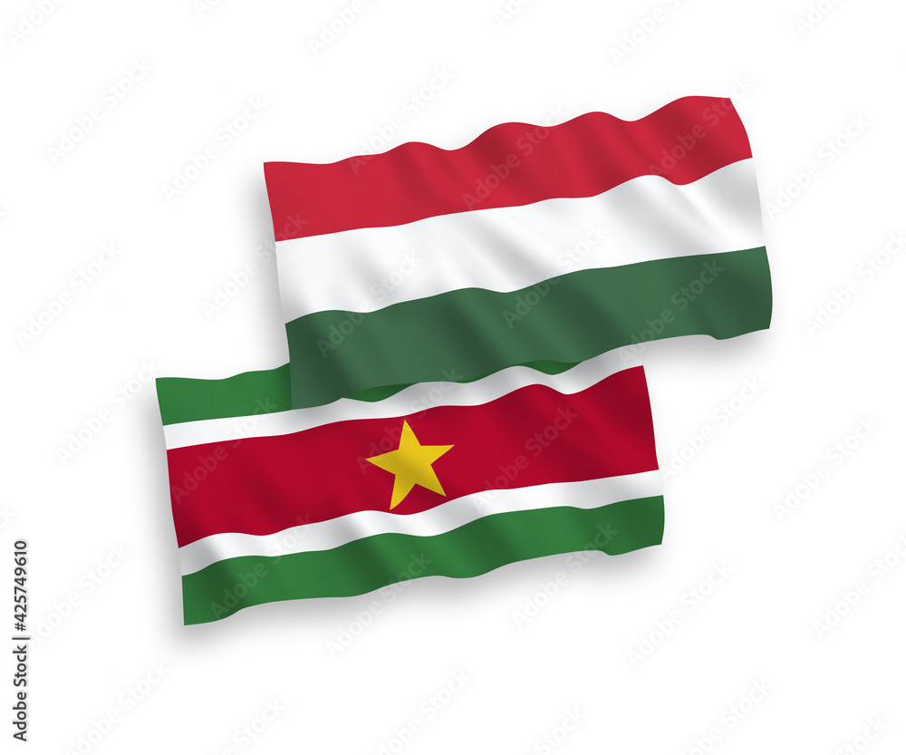Flags of Republic of Suriname and Hungary on a white background Flags of Republic of Suriname and Hungary on a white background