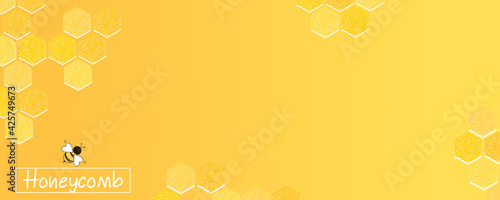 Abstract beehive honeycomb with hexagon grid cells and bee cartoon on yellow background vector illustration.