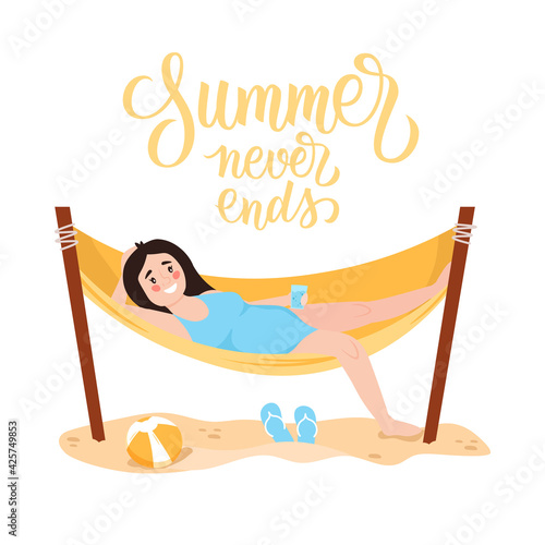 Summer Never Ends hand drawn lettering. Woman in swimsuit sunbathing and enjoying summer vacation on the beach. Vector illustration.