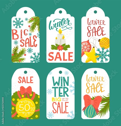 Winter sale tag, christmas holiday label set, vector illustration. New year a...