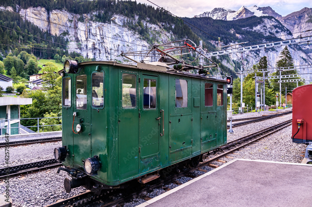 Old locomotive at Lauterbrunnen railway station in Switzerland