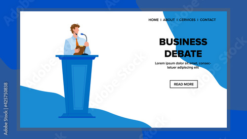 Business Debate On Convention Or Conference Vector. Man Speaker Have Speech And Business Debate On Meeting. Character Businessman Stay At Tribune And Speak In Microphone Web Flat Cartoon Illustration