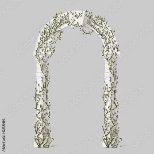 Ivy on marble arch, vines with green leaves climbing on white antique stone archway, creeper plant isolated on grey background, decorative architecture arc design, Realistic 3d vector illustration