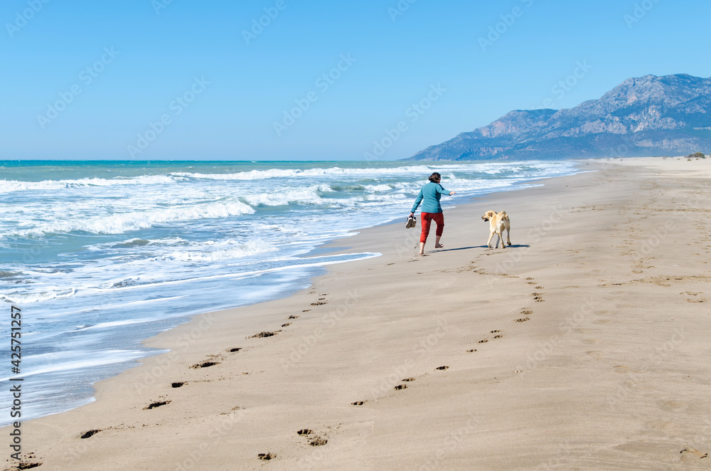Footprints on the sand foot of a girl walking with sneakers in hand. Girl running with a dog on the Patara beach, Turkey