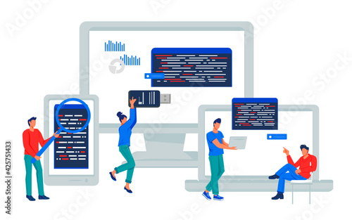 Adaptive app development and programming banner with characters of programmers. Cross platform website. Multi device development and software engineering, flat vector illustration isolated on white.