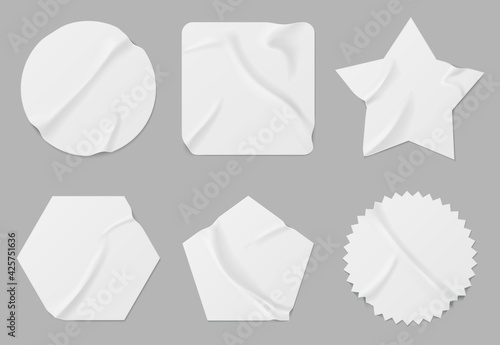 White stickers or patches mockup. Blank shrunken labels of different shapes round, square, star, pentahedron and hexahedron or notched circle wrinkled paper emblems, Realistic 3d vector icons set