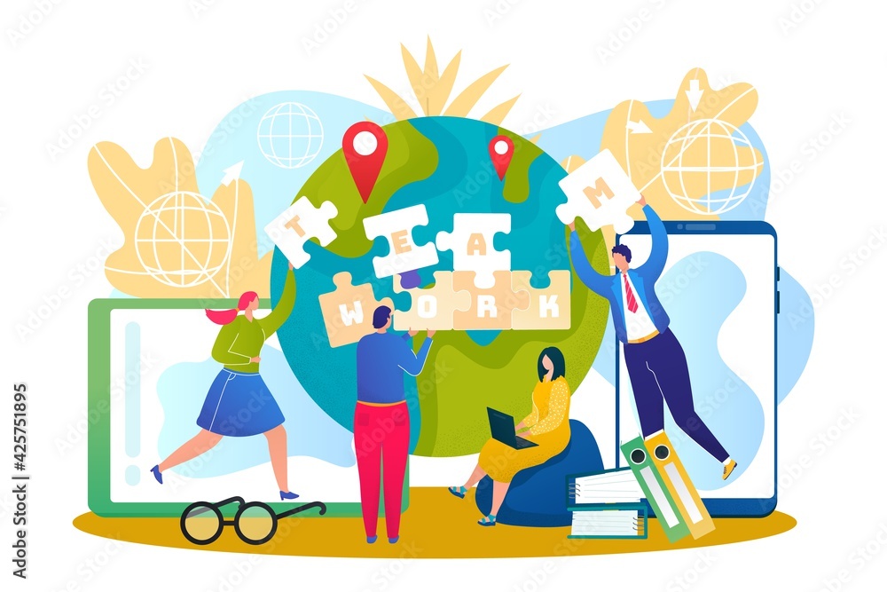 Naklejka premium Virtual teamwork, business team puzzle concept, vector illustration. Man woman people character cooperation and communication