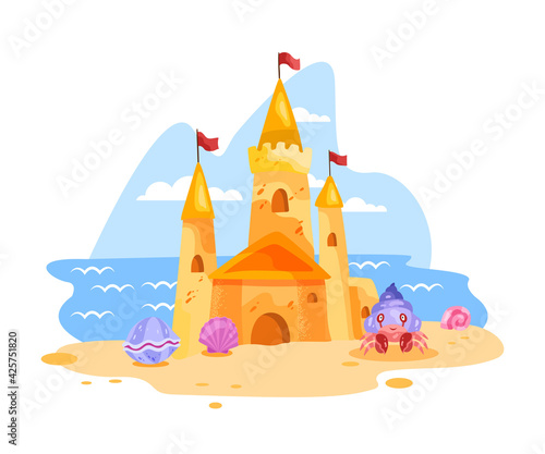 Sand castle vector illustration, summer beach cartoon landscape, towers, crab, shell, flag, clouds. Kids vacation seashore game concept, yellow fortress isolated on white. Sand castle ocean clipart