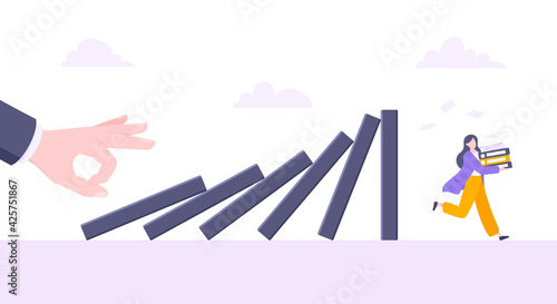Domino effect or business cowardice metaphor vector illustration concept. Adult young businessman run away from hand falling domino line business concept problem solving and danger chain reaction.