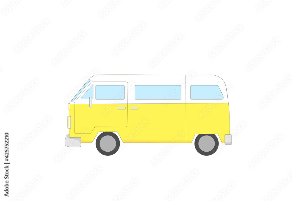 Yellow and white retro camper van isolated on white background. Colorful illustration. 