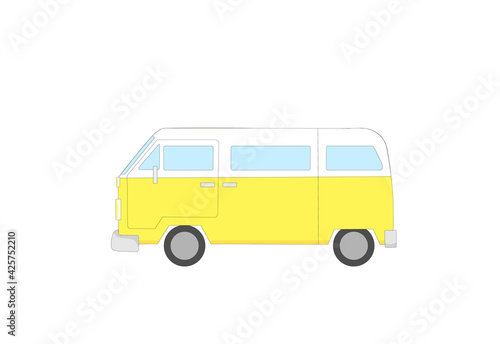 Yellow and white retro camper van isolated on white background. Colorful illustration. 