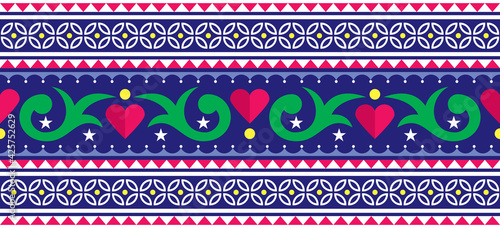 Indian and Pakistani truck art vector long stripe seamless pattern design with flowers and hearts 
