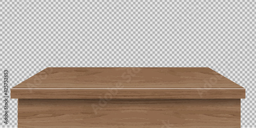 Wooden table foreground, tabletop front view, brown rustic countertop of wood surface. Retro dining desk or plank texture isolated on transparent background, realistic 3d vector mock up