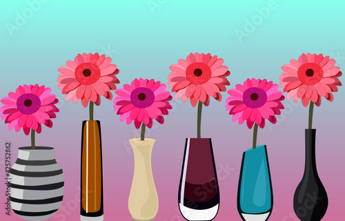 Pink and violet gerberas in vases