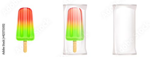 Fruit ice cream in package, lolly on stick, frozen fruity popsicle. Packed colorful green, yellow and red summer dessert made of fresh juice isolated on white background. Realistic 3d vector icons set
