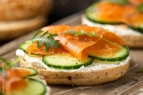 Fresh bagel with Salmon, cream cheese and cucumber