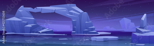 Arctic landscape with melting iceberg and glaciers in sea at night. Concept of global warning and climate change. Vector cartoon illustration of polar or antarctic ice in ocean water and stars in sky