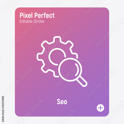 SEO thin line icon. Optimization of website. Gear under magnifier. Pixel perfect, editable stroke. Vector illustration.