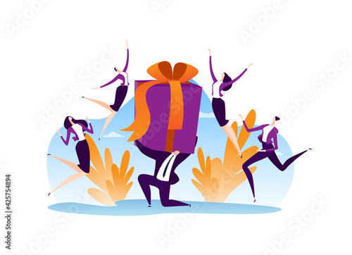 People around man holding flat box gift for woman group concept, vector illus...
