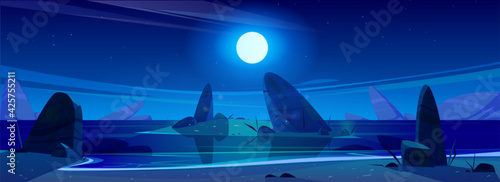 Night ocean under starry sky with shining full moon above sea with rocks sticking up of water. Rocky shore with sand, beautiful nature landscape background, scenery view. Cartoon vector illustration