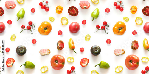 Fototapeta Naklejka Na Ścianę i Meble -  tomatoes and other vegetables isolated on white background, seamless pattern
