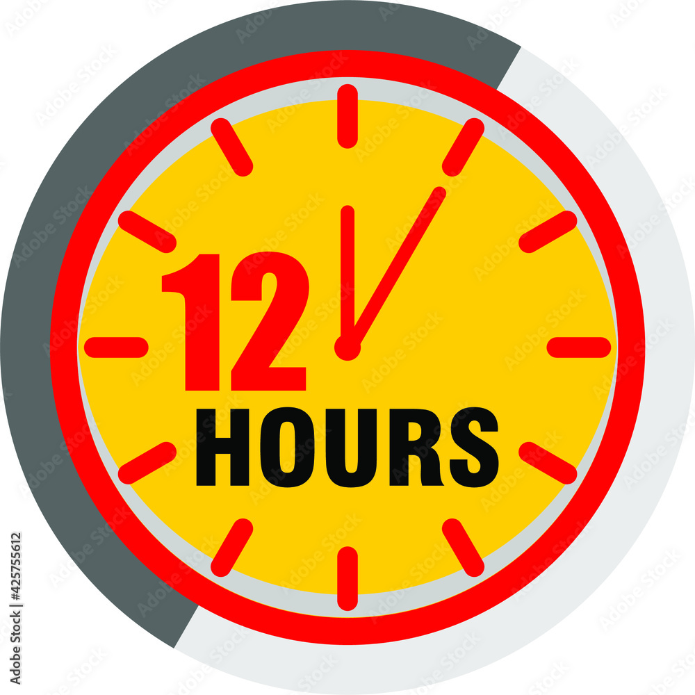 Color hour icon. Timer 12 hours. Illustration timer hour, clock watch time deadline. Work time effect or delivery service time Color hour icon. Timer 12 hours. Illustration timer hour, clock watch time deadline. Work time effect or delivery service time