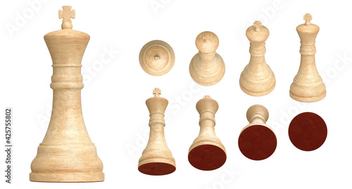 Set of white wooden king chess pieces in 9 angled views isolated on white background. 3d render illustration. 