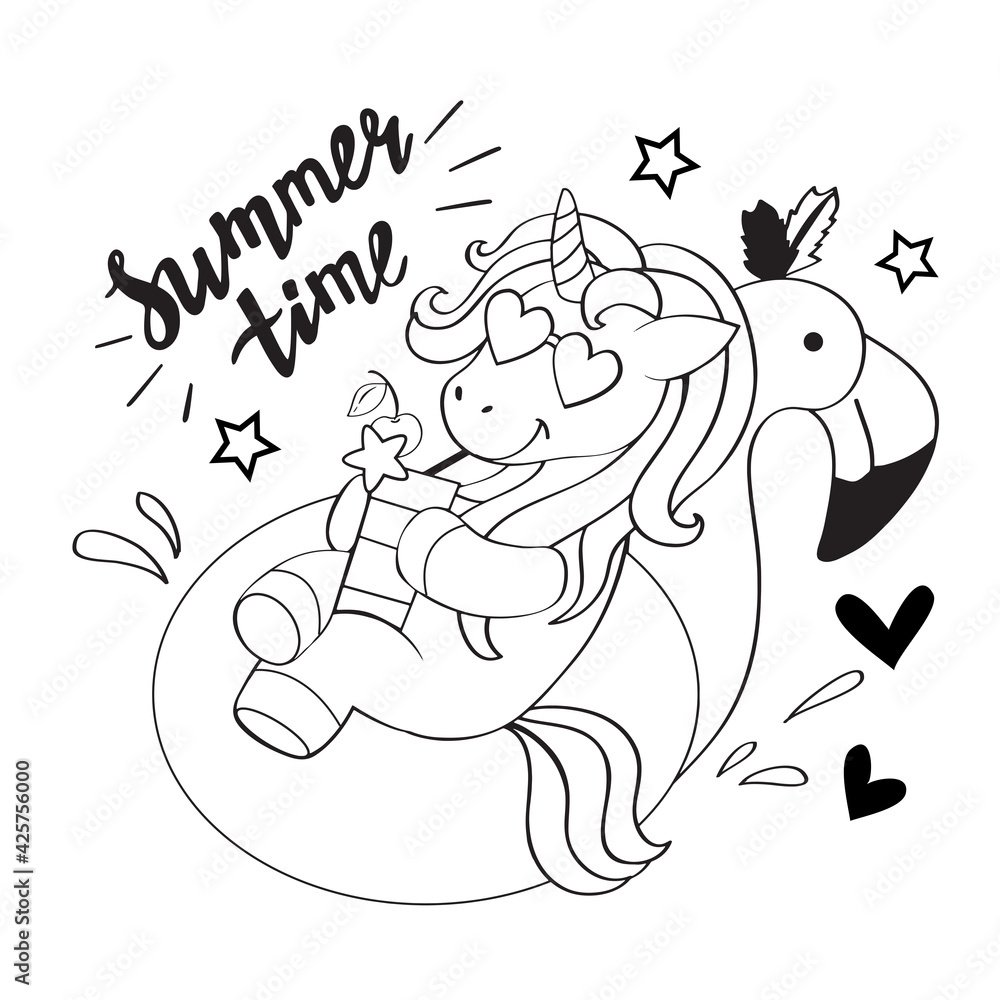 A cute summer unicorn lies on an inflatable flamingo in one line. Vector illustration for coloring book for children, t-shirt design A cute summer unicorn lies on an inflatable flamingo in one line. Vector illustration for coloring book for children, t-shirt design