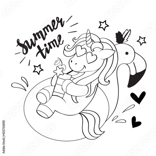 A cute summer unicorn lies on an inflatable flamingo in one line. Vector illustration for coloring book for children, t-shirt design