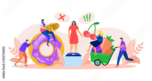 Healthy and harmful food choice, vector illustration. Nutrition with cartoon fruit diet or unhealthy junk product, flat eating food person.