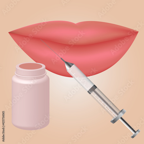 Hyaluronic acid filler injection or mesotherapy procedures. Beautiful  female lips. Medical, cosmetological and anti-aging concept. Hyaluronic acid syringe. Vector illustration.