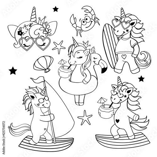 Cute summer unicorn collection with surfboard solated. Vector illustration coloring book for children