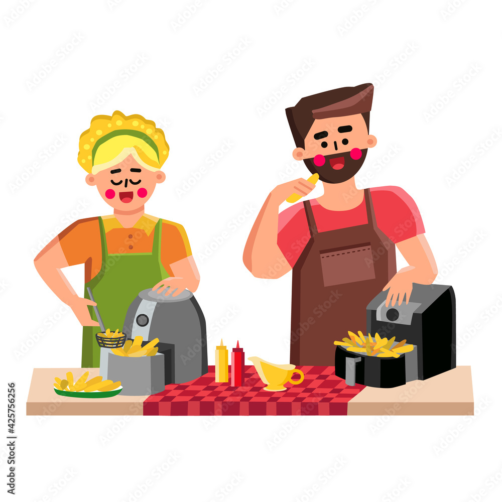 Air Fryer Cooking Fried Potato On Kitchen Vector. Young Man And Woman Cooking Vegetable In Air Fryer Electronic Equipment. Characters, Sauces And Cooked Meal Flat Cartoon Illustration Air Fryer Cooking Fried Potato On Kitchen Vector. Young Man And Woman Cooking Vegetable In Air Fryer Electronic Equipment. Characters, Sauces And Cooked Meal Flat Cartoon Illustration
