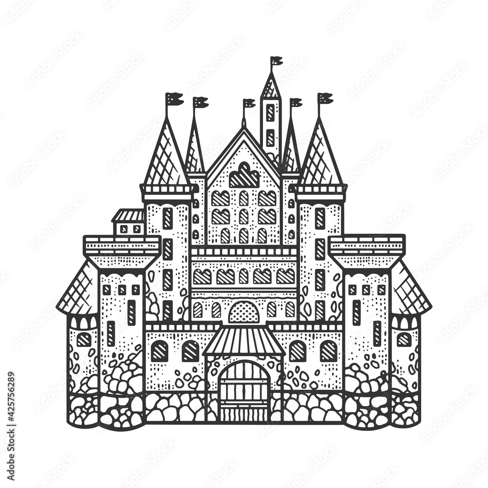 medieval castle sketch engraving vector illustration. T-shirt apparel print design. Scratch board imitation. Black and white hand drawn image.
