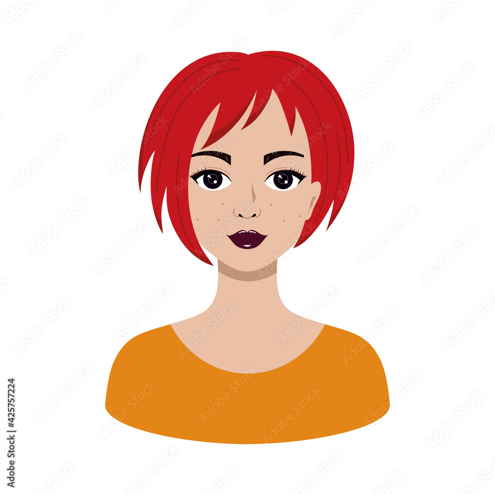 A beautiful woman with red hair and a fashionable hairstyle. Sexy girl with makeup. Portrait of a woman for an avatar.
