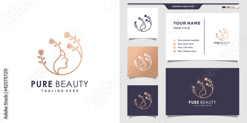 Beauty logo for woman with linear style and flower. Logo can be used for beauty salon, cosmetic, spa. Elegant logo and business card design. Premium Vector