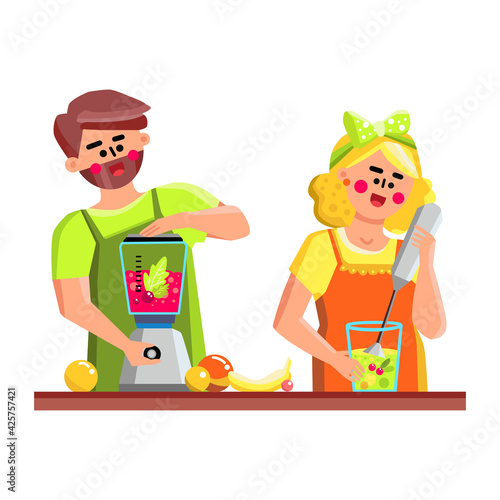 In Blender Tool Couple Preparing Smoothie Vector. Young Man And Woman Prepare Freshness Vitamin Cocktail From Delicious Fruits In Kitchen Equipment Blender. Characters Flat Cartoon Illustration
